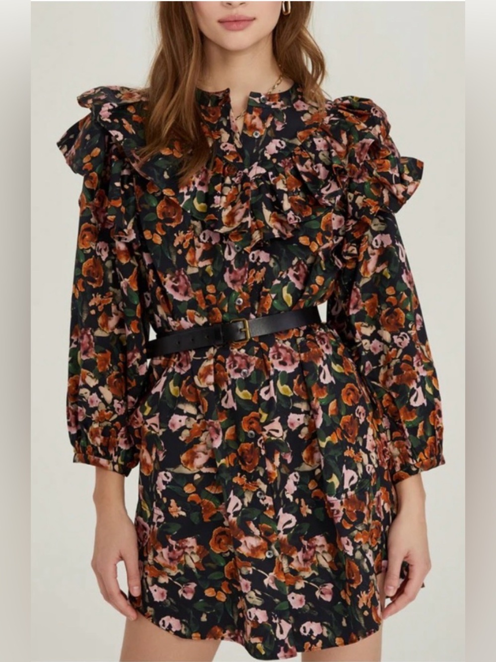 NWT Something Navy Floral Ruffle Button Up Mini Dress Black Combo Size M $165